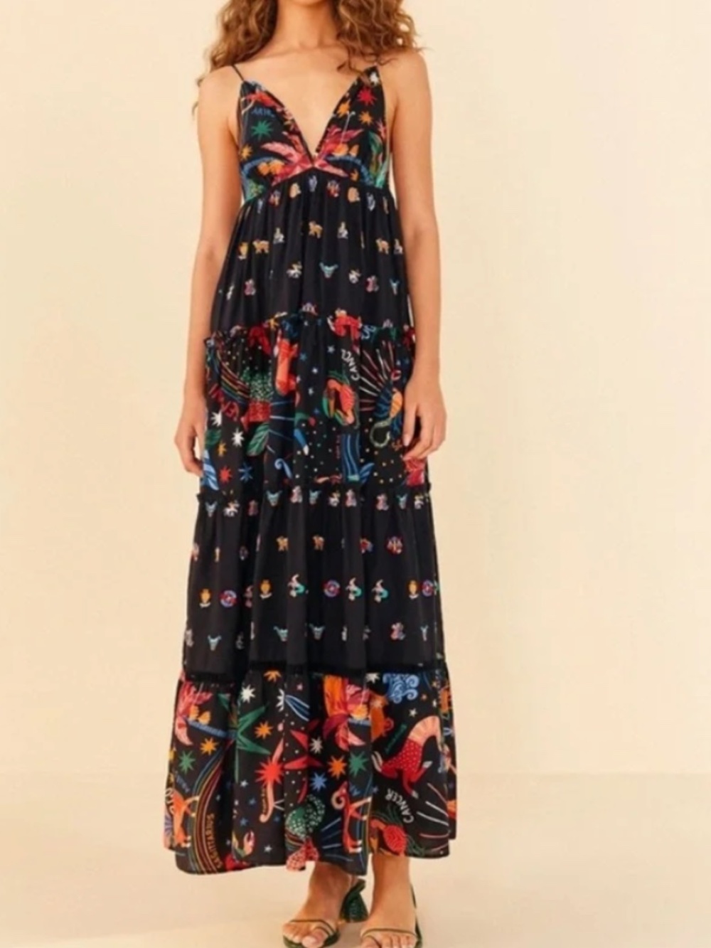 Farm Rio Zodiac Embroidered Maxi Dress Black - With Tags - LARGE
